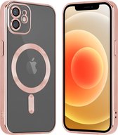Transparant hoesje met roségouden rand en MagSafe-ring naast een iPhone 12.