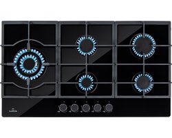 Klarstein Ignito Chef Edition 5 Zones Gaskookplaat - 5-Pits - Zelfstandig - 90 Cm - Inbouw - Sabaf Branders - Aardgas/Propaangas - Veiligheidsventielen - Automatische Uitschakeling - Gietijzeren Pannendrager - Wok-Hulpstuk - Glaskeramiek - Zwart