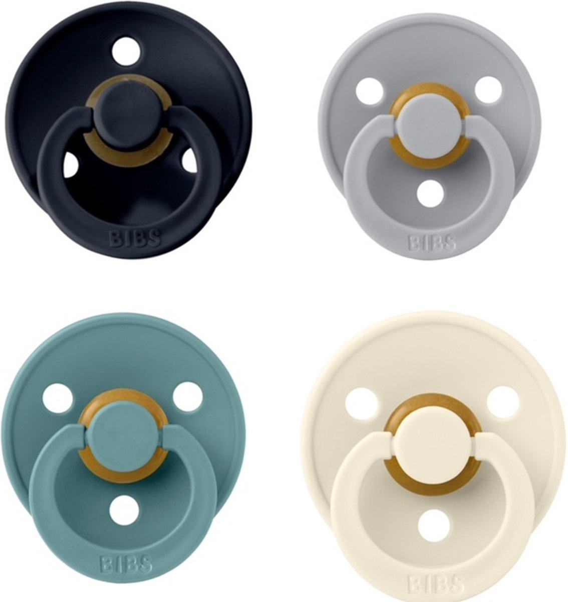 Goedkoopste Bibs fopspeen 0-6 maand set 4 stuks Dark Denim,Island Sea,Cloud en Ivory maat 1