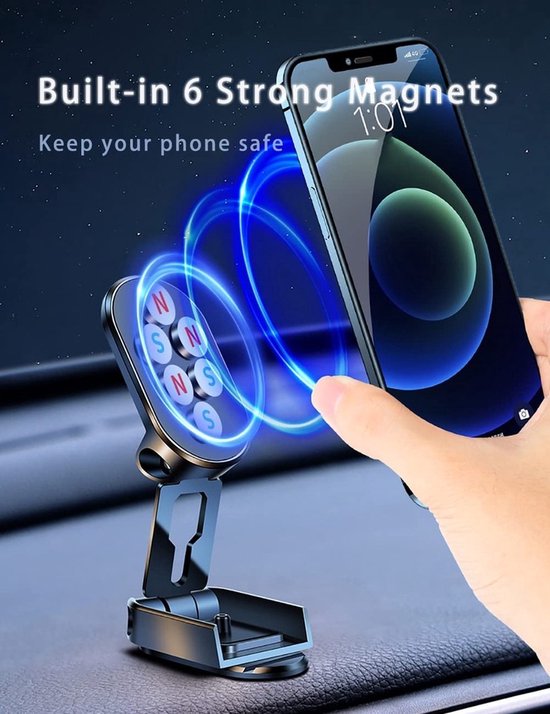 Zwarte magnetische telefoonhouder met ingebouwde 6 magneten, houdt telefoon veilig vast.