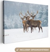Canvas schilderij - Herten - Winter - Dieren - Natuur - Foto op canvas - 120x80 cm - Muurdecoratie - Schilderijen op canvas