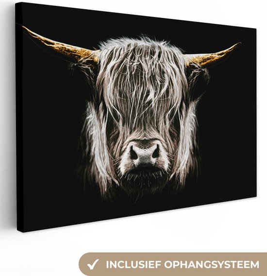 Canvas Schilderij Schotse hooglander - Goud - Hoorns - Zwart wit - Koe - Dieren - 120x80 cm - Wanddecoratie