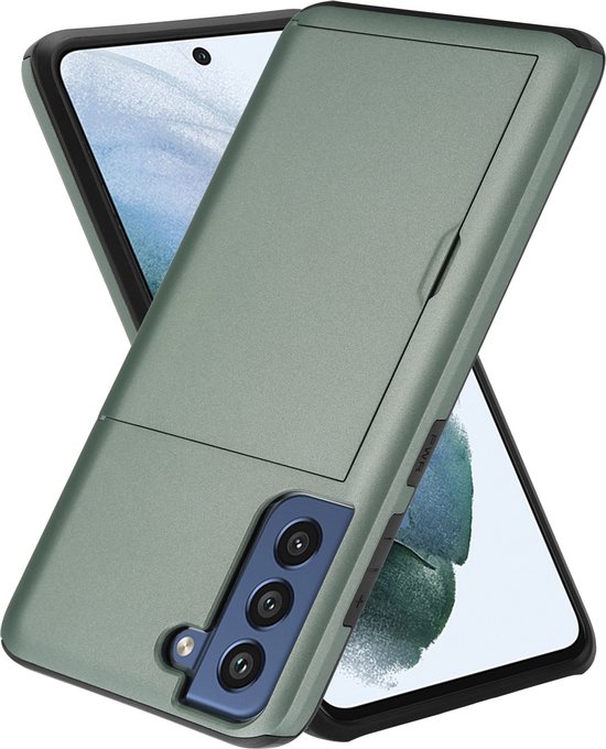 Twee Samsung Galaxy S21 FE telefoons achter een groene ShieldCase met schuifvak.