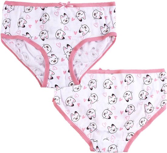 Wit onderbroekje met all-over print van kattengezichtjes en hartjes, roze randje.