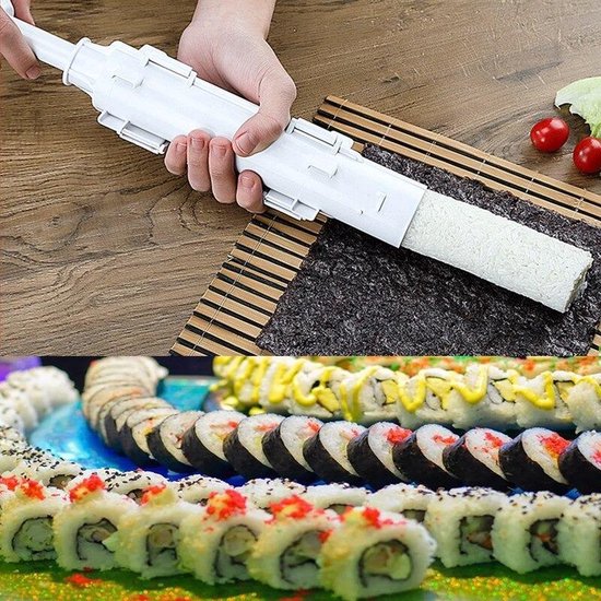 Witte sushi-maker die een rol rijst op zeewier drukt, met onderaan een verzameling diverse sushirolletjes.