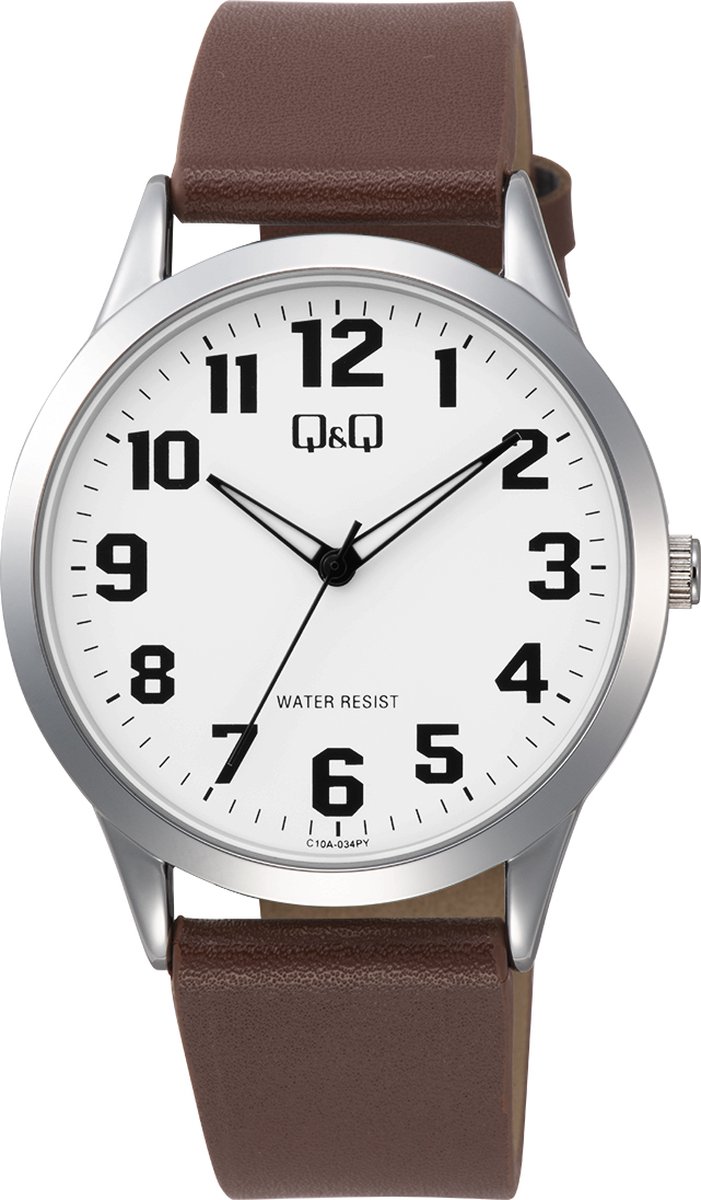 QQ C10A-034PY - Horloge - Analoog - Unisex - Leren band - Rond - Metaal - Cijfers - Bruin - Zilverkleurig - 3 ATM