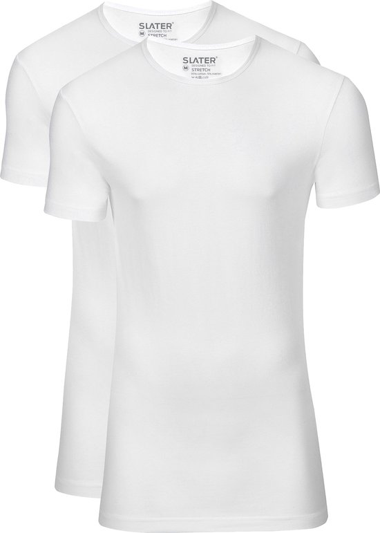 Twee witte Slater t-shirts met ronde hals en korte mouwen, 95% organisch katoen en 5% elastan.