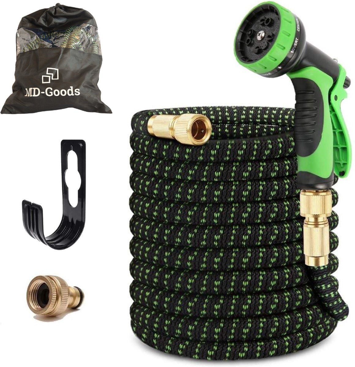 MD-Goods ® Super Sterk Uitrekbare Tuinslang 50 Meter Incl. Opbergtas, Koppelstukken, Sproeikop, Ophanghaak- Flexibel Elastisch