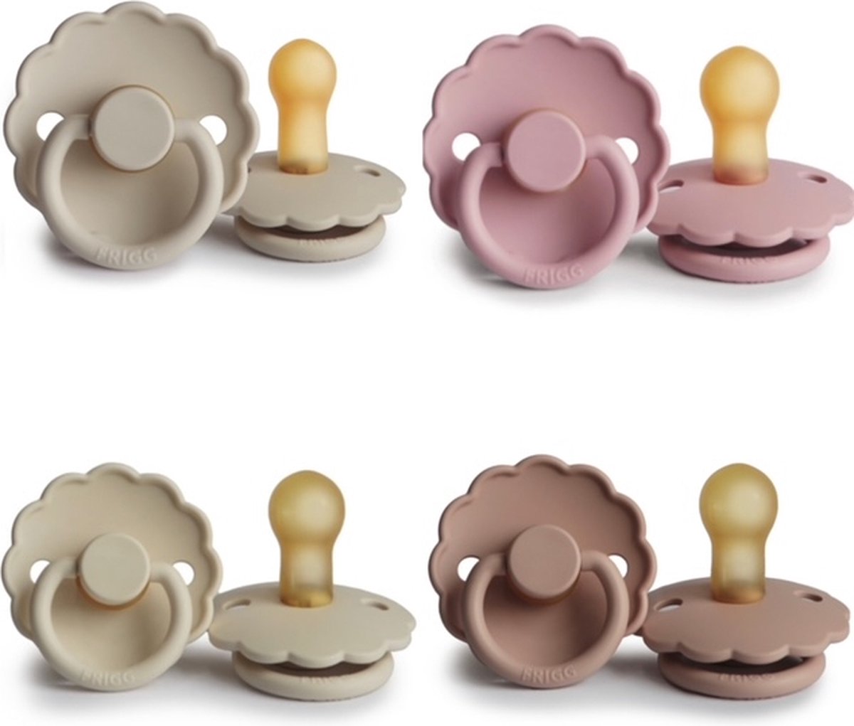Goedkoopste FRIGG DAISY Fopspeen set 4 stuks Baby Pink,Cream,Powder Blush en Sandstone 0-6 maand