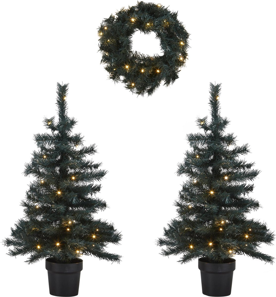 Wehkamp Home 2 verlichte kerstbomen en krans Fraser (h95 x Ø55 cm)