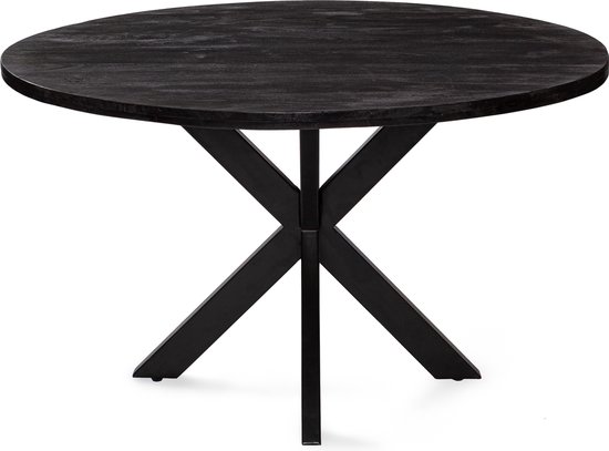 Zita Home Table à manger Thom - 140cm ronde - entièrement noir - bois massif - pied croisé en métal