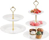 Set van 2 keramische cupcakestandaards, gelaagde cupcake-displaystandaard, gelaagde dessertstandaard, taarttoren met gouden draaggreep, feestvoedselserver-displayhouder voor bruiloft en feest