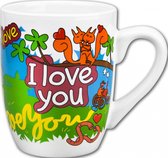 Valentijn - Mok - Bonbons - I love you - Cartoon - In cadeauverpakking met gekleurd krullint