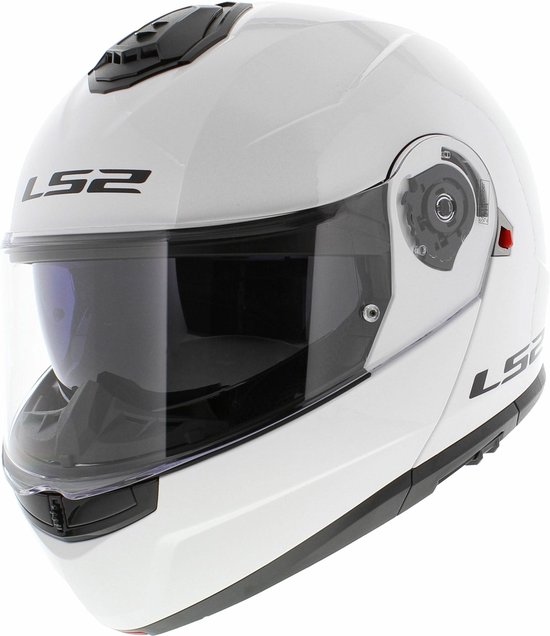 Casque modulable blanc LS2 Strobe II, vu de côté et de face, avec la mentonnière baissée.