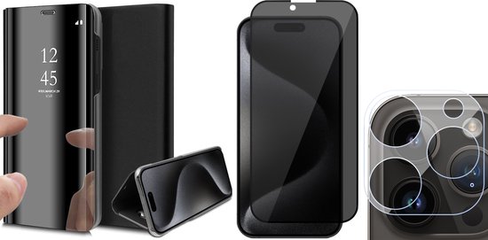 Coque pour iPhone 15 Pro Max – Protection d'écran de confidentialité FullGuard et protection d'écran pour objectif d'appareil photo – Book Case Miroir Zwart