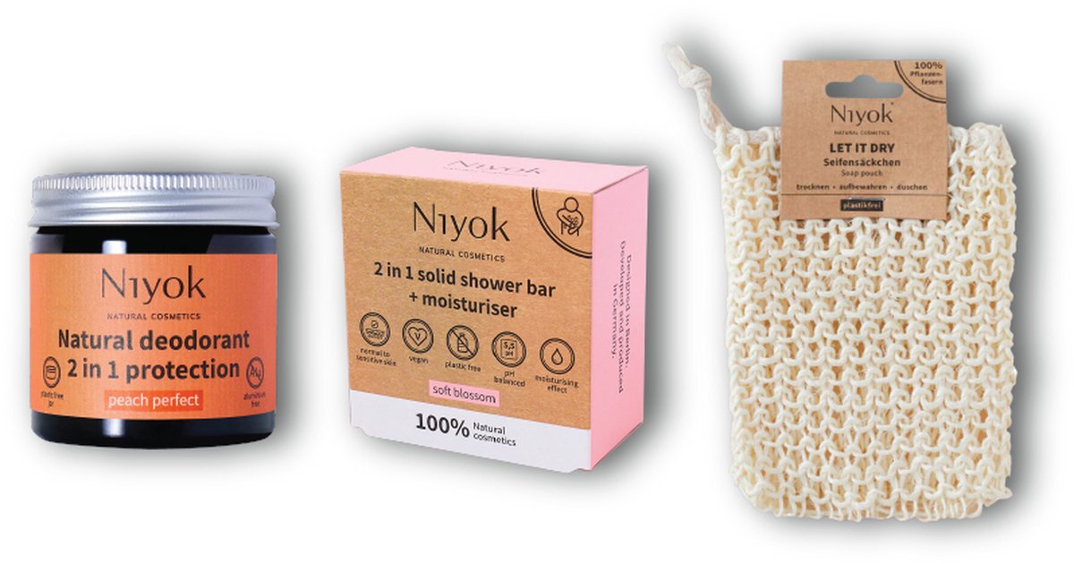 Goedkoopste Peach Perfect Schoonheidsset Niyok Natuurlijke Deodorant, Douchezeepstaaf, Soft Blossom Moisturizer en Sisal Zak