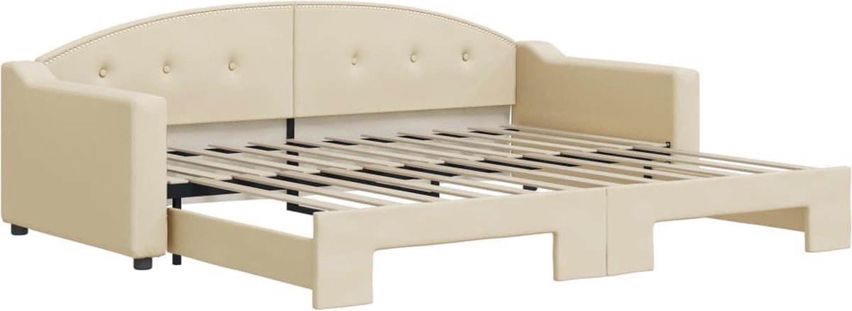 vidaXL Slaapbank - met - onderschuifbed - 90x200 - cm - stof - crèmekleurig