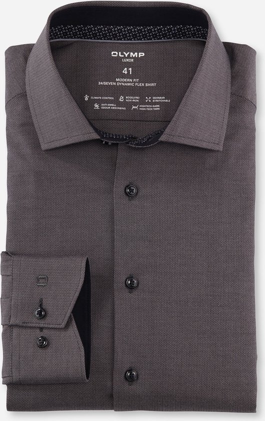 OLYMP Luxor 24/7 modern fit overhemd - popeline - antraciet - Strijkvriendelijk - Boordmaat: 46