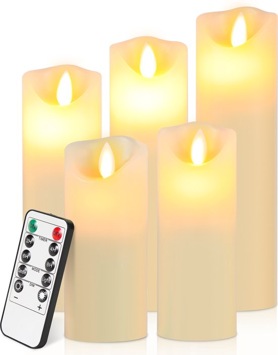 5 delige Led kaarsen set Inclusief Afstandsbediening Bewegende Vlam Veilig & Duurzaam Realistische Kaarsen LED Theelichtjes Ongeparfumeerd Kerstverlichting Ivoor