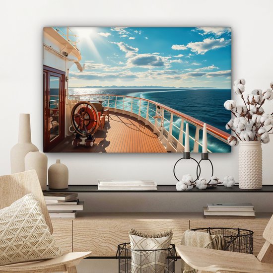 Tableau sur toile Bateau - Water - Mer - Navigation - Montagnes - Soleil - Maritime - 180x120 cm - Décoration murale XXL