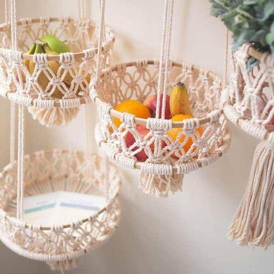 Hangende fruitmand met 3 verdiepingen - macramé gevlochten hangmand voor keuken