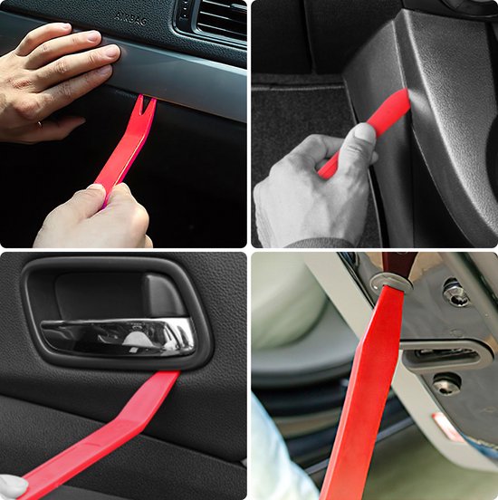 Een rode kunststof demontagegereedschap wordt gebruikt om auto-interieurpanelen te verwijderen.