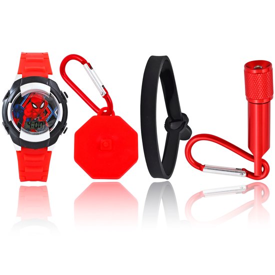Montre Spiderman rouge avec bracelet noir, étui rouge avec mousqueton et lampe de poche rouge avec mousqueton.
