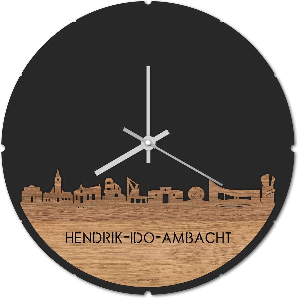 Skyline Klok Rond Hendrik-Ido-Ambacht Eikenhout - Ø 44 cm - Stil uurwerk - Wanddecoratie - Meer steden beschikbaar - Woonkamer idee - Woondecoratie - City Art - Steden kunst - Cadeau voor hem - Cadeau voor haar - Jubileum - Trouwerij - Housewarming -