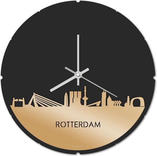 Skyline Klok Rond Rotterdam Goud Metallic - Ø 44 cm - Stil uurwerk - Wanddecoratie - Meer steden beschikbaar - Woonkamer idee - Woondecoratie - City Art - Steden kunst - Cadeau voor hem - Cadeau voor haar - Jubileum - Trouwerij - Housewarming -