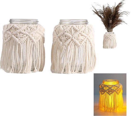 Kandelaar macramé slinger, 2 stuks windlichten decoratieve kaarsen, beige boho decoratie balkon voor kaarsen en gedroogde bloemen (A)