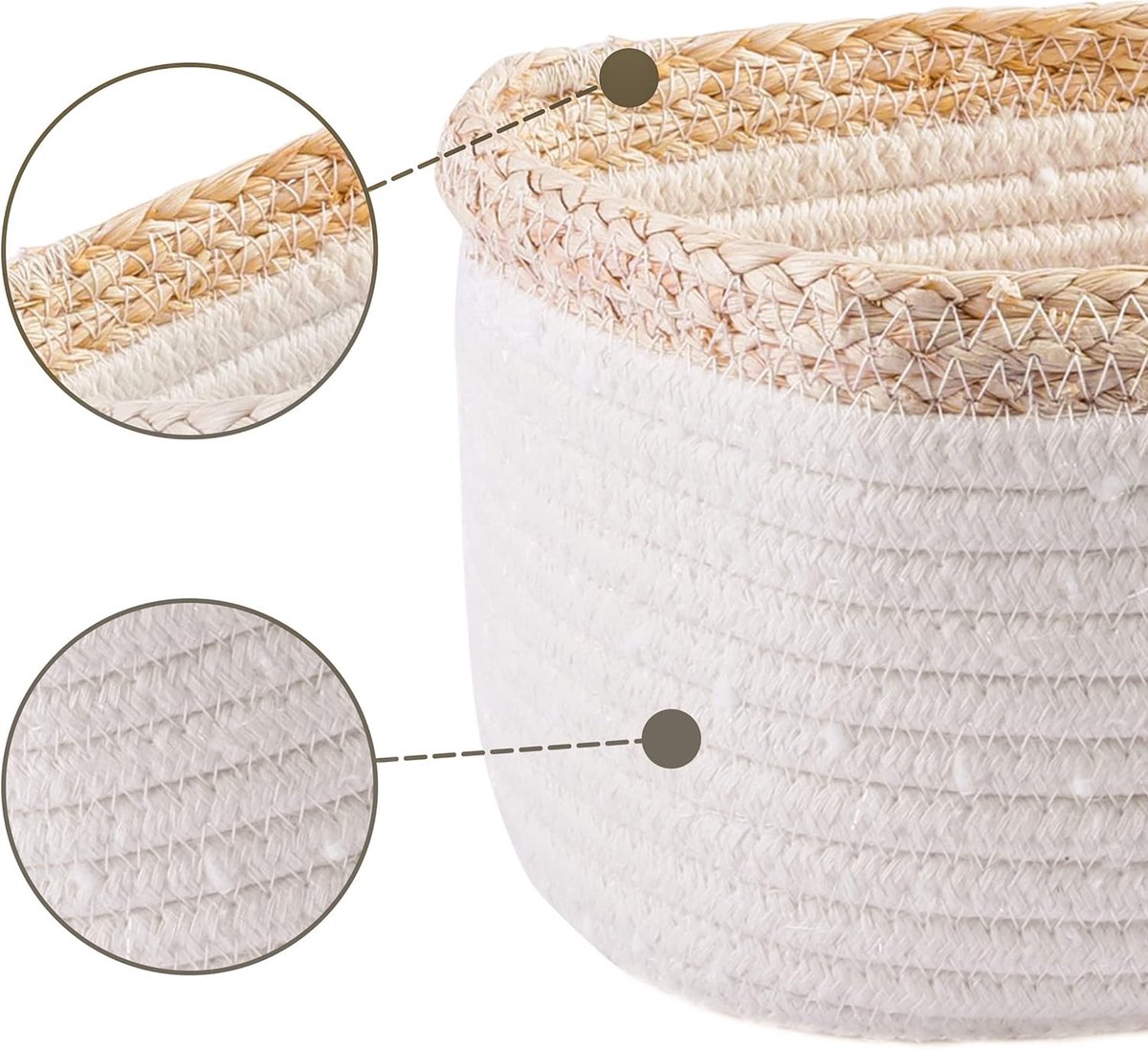 3 opbergmanden met deksel, kleine rieten mand voor de badkamer, slaapkamer, decoratieve opbergdozen, prullenmanden, rieten manden met uitneembare voering