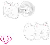 Joy|S - Zilveren kat poes oorbellen - 9.3 x 6.5 mm - wit met roze oortjes - kinderoorbellen - extra zachte sluiting (vlindersluiting met siliconen omhulsel)