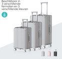 Zilverkleurige koffers in 3 maten, met weergave van beschikbare kleuren.