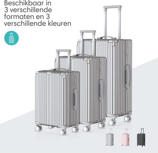 Zilverkleurige koffers in 3 maten, met weergave van beschikbare kleuren.