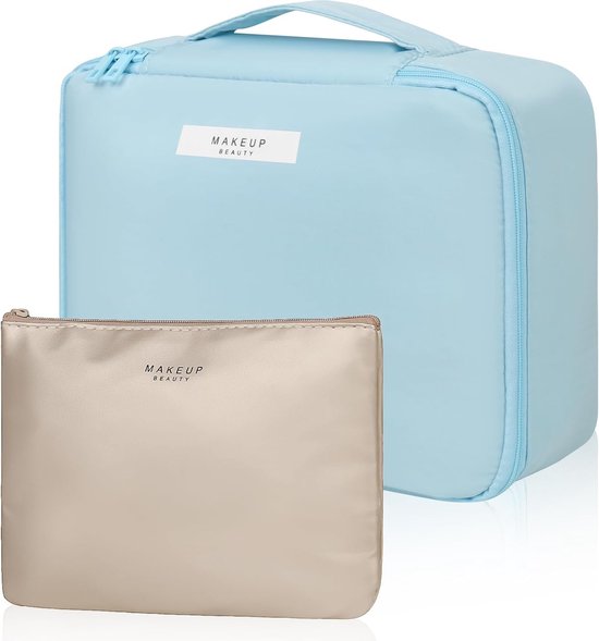 Make-uptas, fluweel, draagbare make-uptas, beautycase, organizer met transparante toilettas, voor vrouwen en meisjes, set van 2, Roze