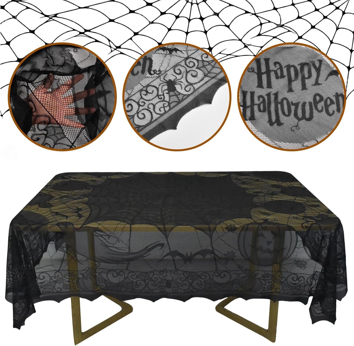 Nappe Halloween Toile D'araignée Dentelle Gothique - 3 Formats : Rond 102 Cm, Bande 46x183 Cm, Rectangle 122x244 Cm
