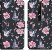 Coque Cadorabo compatible avec Nokia 6.1 - Design Grue & Fleurs No. 9 - Pochette de protection avec fermeture magnétique, fonction stand et poche pour cartes