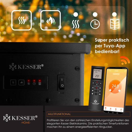 Zwarte Kesser sfeerhaard met bedieningspaneel, schakelaar, afstandsbediening en smartphone met app. Iconen voor warmte, vlam en timer.