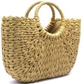 Schoudertas shopper gevlochten stro tas met rond handvat kleur naturel beige