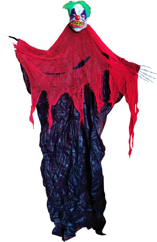 Décoration clown d'horreur avec cheveux verts, robe rouge déchirée et mains squelettes.