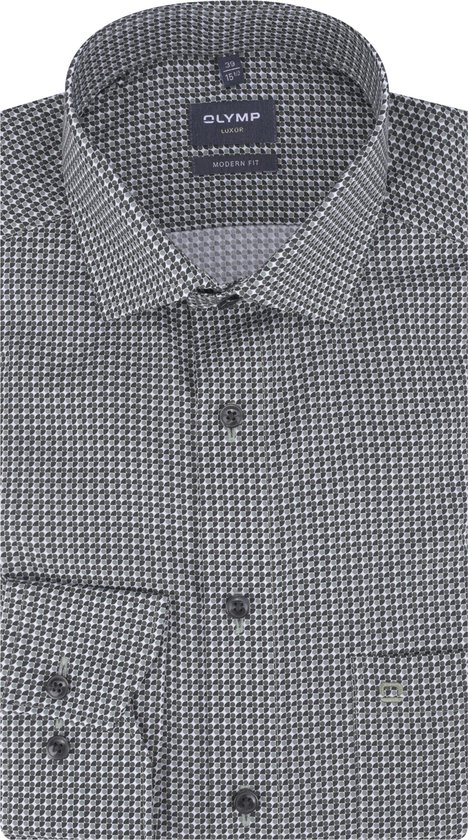 OLYMP Luxor modern fit overhemd - popeline - olijfgroen dessin - Strijkvriendelijk - Boordmaat: 40