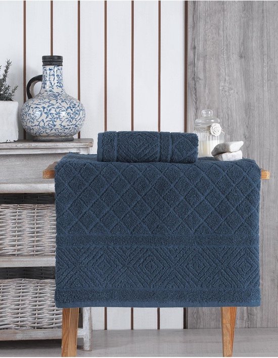 KY Home and Bath - 2 delige Bad/Handdoekenset - Zacht textuur- stijlvol - 100% katoen - Blauw -