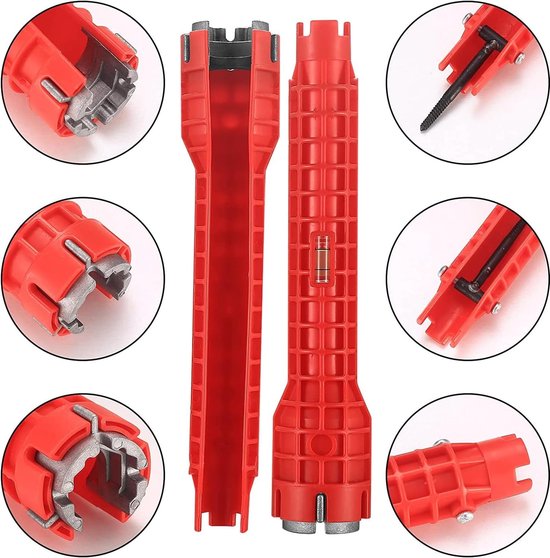 Riisoyu Spoelsleutel, 14-in-1 wastafel, installatiegereedschap, multifunctionele buissleutel, dubbele kopsleutel, gootsteen, kraan installer voor toiletpot, wastafel, badkamer, keuken, rood