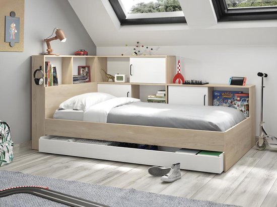 Bed met opbergruimte en lade 90 x 200 cm - Kleuren : naturel en wit + Bedbodem - ARMAND L 221 cm x H 104 cm x D 120 cm