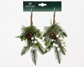 Decoris Kersttakje groen met witte decoratie met glitter finish - op clip 2 stuks- H22cm B8cm