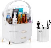 Witte make-uporganizer met kwast, organizer voor make-up van kunststof met 3 niveaus, draaibare handgreep en doorzichtig deksel, water- en stofdicht bewaren van cosmetica