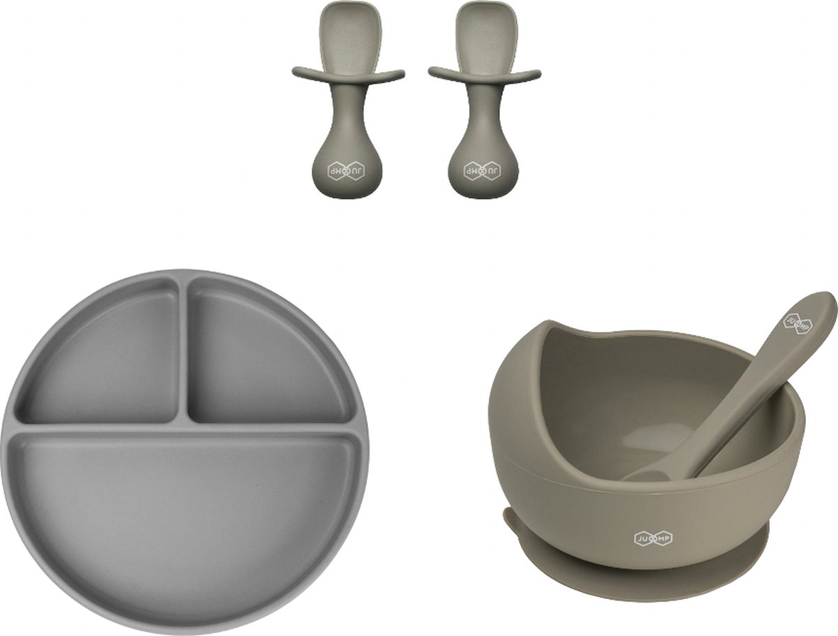 Goedkoopste JU&MP Kinderserviesset - Baby - Kinderbordje met Zuignap - Kommetje met Lepel - Kinderbestek - Kraamcadeau - Grijs