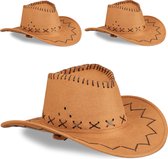 Relaxdays cowboyhoed - set van 3 - western hoed - carnaval - verkleedhoed - stof - bruin