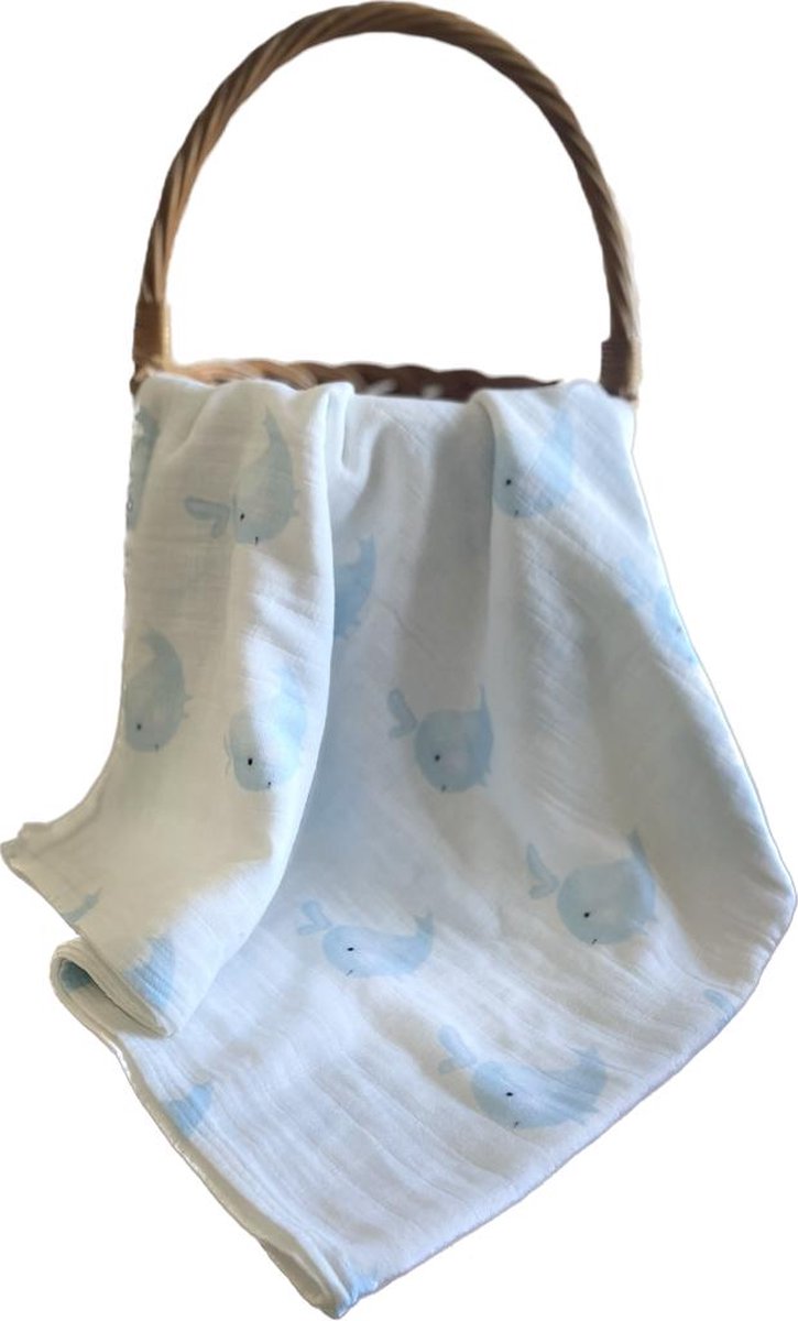 Goedkoopste hydrofiele doek 120x120cm - bakerdoek -wikkeldoek-print walvis-lichtblauw