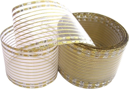 Foto: Feestelijk organza lint doorzichtig zacht lint luxe lint 38mm 3 8cm dunne strepen goud zilver kerst lint kerstlint stoffen lint decoratielint cadeaulint lengte 5 meter